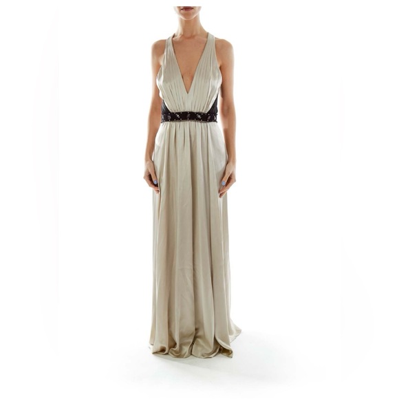 SOLD - BCBG MaxAzria Beige Silk Beaded Evening Gown EUC - Picture 2 of 11